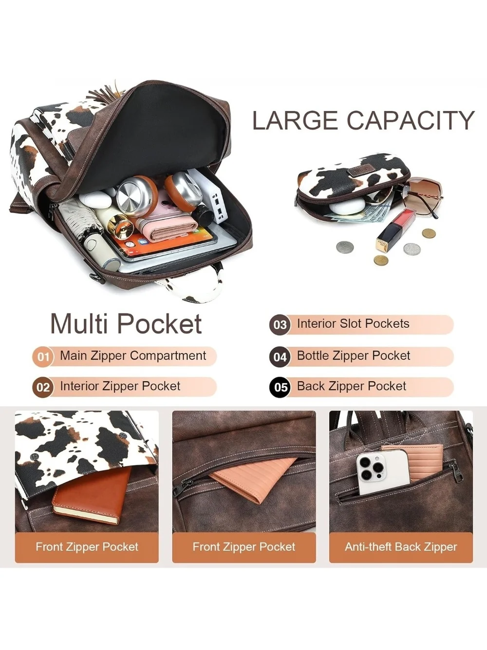 Brown Leather Backpack with Cowhide Print Accent